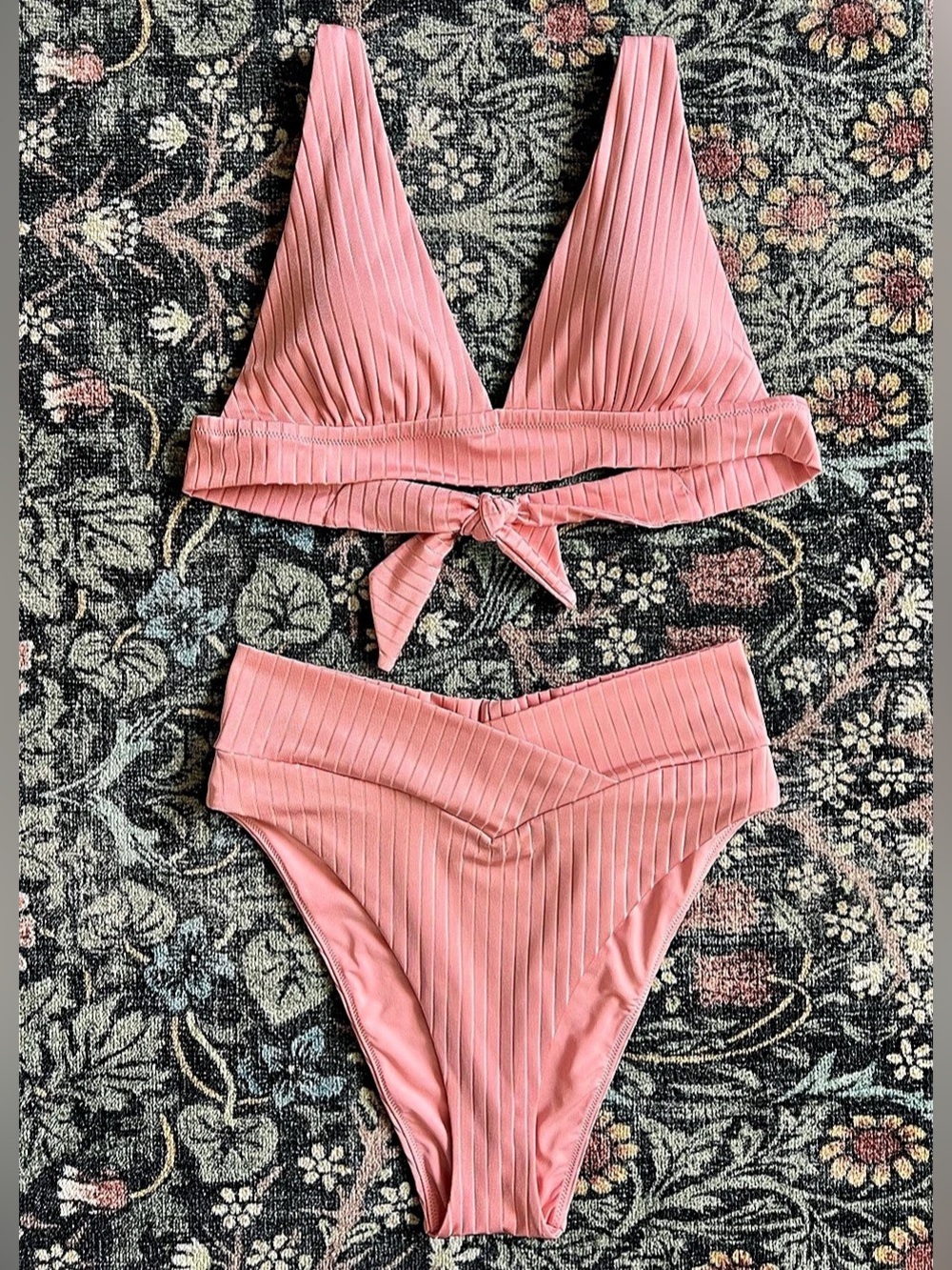 Aerie Ribbed Shine Crossover High Cut Bikini Bottoms & Triangle Top - Light Pink